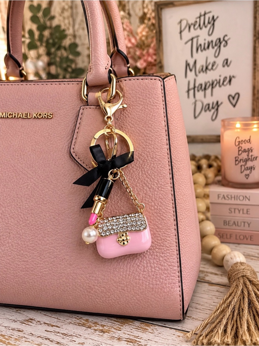 Pink Rhinestone Mini Purse Bag Charm Keychain Black Bow Lipstick Pearl NIP